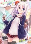  aqua_eyes bag black_legwear cup hand_in_pocket highres ia_(vocaloid) jewelry kuroi_(liar-player) long_hair looking_at_viewer necklace open_mouth plaid plaid_skirt purple_hair skirt sleeves_past_wrists solo thighhighs vocaloid 