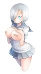  aqua_eyes bandaid bandaids_on_nipples breasts breasts_outside comah cowboy_shot hair_ornament hair_over_one_eye hairclip hamakaze_(kantai_collection) hands_on_own_chest kantai_collection large_breasts microskirt pasties pleated_skirt school_uniform serafuku short_hair short_sleeves simple_background skirt solo white_background white_hair 