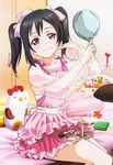  absurdres artist_request black_hair blush bow casual dress hair_bow hand_mirror highres love_live! love_live!_school_idol_festival love_live!_school_idol_project makeup_brush mirror official_art pink pink_dress red_eyes sitting smile solo twintails yazawa_nico 