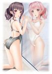  bangs bare_arms bare_shoulders black_hair brown_eyes commentary competition_swimsuit different_reflection eyebrows_visible_through_hair highleg highleg_swimsuit highres kneeling looking_at_viewer mashinatsu mirror multiple_girls one-piece_swimsuit original pink_hair ponytail reflection short_hair swimsuit 