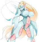  antennae anthro arthropod big_breasts blonde_hair breasts female hair insect long_hair mantis nude open_mouth plain_background pussy red_eyes slugbox solo white_background wide_hips 