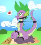  ! &lt;3 anthro ball_gag bdsm blush bondage bound cloud collar dragon english_text fangs friendship_is_magic gag half-closed_eyes hellticket kneeling legwear male my_little_pony nude open_mouth outside saliva scales scalie solo spike_(mlp) teeth text thigh_highs tongue tongue_out 