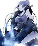  bare_shoulders black_hair breasts claws cleavage collarbone covered_nipples double_bun frown gauntlets glowing glowing_eye grey_skin kantai_collection large_breasts light_cruiser_oni long_hair rca shinkaisei-kan sideways_mouth sleeveless solo taut_clothes white_eyes 