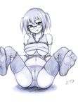  bdsm blush bondage bound breasts cameltoe glasses highres large_breasts monochrome original restrained short_hair simple_background smile solo thighhighs tongue tongue_out white_background yeyong 