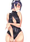  bad_id bad_pixiv_id blush breasts cleavage covered_navel eyepatch front_zipper_swimsuit headgear highres kantai_collection large_breasts meme_attire one-piece_swimsuit purple_hair short_hair solo standing swimsuit telescopic tenryuu_(kantai_collection) thigh_gap yellow_eyes 