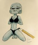  atum_doxhun blue_furr breaking_the_fourth_wall clothing colored feline looking_at_viewer mammal nicole_watterson solo the_amazing_world_of_gumball traditional_media_(artwork) underwear 