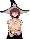  arms_behind_back bangs bob_cut breasts brown_hair daga fire_emblem fire_emblem:_kakusei glasses hat large_breasts looking_at_viewer miriel_(fire_emblem) navel nipples rimless_eyewear serious short_hair solo tattoo topless upper_body witch_hat 