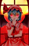  ascot bat_wings blue_hair brooch elbow_rest fang finger_to_mouth glowing glowing_eyes hat hat_ribbon highres jewelry looking_at_viewer mob_cap parted_lips posoposo red_eyes remilia_scarlet ribbon short_hair short_sleeves skirt skirt_set slit_pupils solo touhou two-tone_background window wings wrist_cuffs 