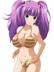  1girl bare_shoulders blush breasts cleavage female green_eyes hair_ornament large_breasts long_hair looking_at_viewer miki_hojo navel open_clothes purple_hair shiny_skin side-tie_bikini simple_background smile solo standing striped striped_bikini suzumori_kuroku swimsuit tantei_opera_milky_holmes tantei_opera_milky_holmes_td twintails untied untied_bikini white_background 