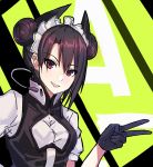  1girl agent_(girls_frontline) black_hair double_bun earpiece echj girls_frontline gloves looking_at_viewer maid maid_headdress purple_eyes sangvis_ferri smile solo v 