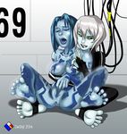  2girls anus artist_name blue_hair blue_skin bob_cut breasts cable closed_eyes commentary cortana crossover dated de'stijl feet fingerless_gloves glados gloves halo_(game) highres humanization lips looking_at_another masturbation multiple_girls nipple_tweak nipples no_humans nude open_mouth parody parted_lips personification portal portal_(series) pussy reach-around short_hair sitting smile spread_legs tattoo tongue white_hair yellow_eyes yuri 