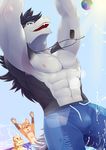  abs biceps big_muscles black_fur blue_eyes bulge claws clothed clothing discordnight dog_tags fangs fur grey_fur grey_hair grin gun hair half-dressed male mumu202 muscles one_eye_closed open_mouth pecs pose ranged_weapon ripped sergal shower smile solo speedo standing swimsuit teeth toned tongue topless water weapon wet wink 
