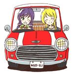  2girls ayase_eli blonde_hair blush car eyes_closed green_eyes grin love_live!_school_idol_project motor_vehicle multiple_girls one_eye_closed purple_hair rainforce smile toujou_nozomi twintails wink 