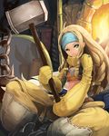  baggy_pants blonde_hair braid chains crafting_shop_daughter_(monster_hunter) female gloves green_eyes hair_over_shoulder hammer headband looking_at_viewer midriff monster_hunter monster_hunter_4 pants solo weapon 
