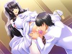  1boy 1girl against_wall amadzutsumi_sayano black_hair blue_eyes blush breasts bridal_veil bride censored collar cunnilingus dress dress_lift earrings game_cg garter_belt garter_straps harusaka_keisuke highres huge_breasts jewelry kei_jiei legs licking long_hair looking_down male_hand mizugi_shoujo_to_biyaku_ice:_zannen_na_kanojo_no_shitsukekata_oshiemasu mosaic_censoring no_panties oral pussy smile standing thighhighs thighs veil vibrator vibrator_in_thighhighs wedding_dress white_legwear 