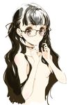  1girl black-framed_glasses black_hair breasts brown_eyes collarbone endou_okito glasses hair_ribbon long_hair nipples nude original ribbon simple_background solo twintails white_background 