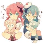  anchor_symbol aqua_hair blue_eyes chibi grin hat heart inazuma_eleven_(series) inazuma_eleven_go kariya_masaki kirino_ranmaru looking_at_viewer male_focus multiple_boys pink_hair shirota69 sitting smile twintails white_background yellow_eyes 