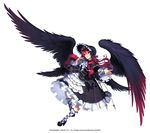  black_wings chaos_online company_name copyright_name dress full_body hat highres long_hair love_cacao official_art open_mouth red_eyes red_hair simple_background solo standing standing_on_one_leg tersia white_background wings 