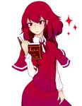  book capelet holding holding_book kru92fzy lips long_sleeves neck_ribbon okazaki_yumemi open_book red_capelet red_eyes red_hair ribbon shirt smile solo sparkle touhou touhou_(pc-98) white_background wing_collar 