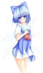  aiykawa ascot blue_eyes blue_hair blush bow cirno colored_eyelashes cowboy_shot d: dress fang food hair_bow hair_ribbon head_tilt highres ice ice_wings large_bow looking_at_viewer open_mouth popsicle ribbon short_dress short_hair solo thighs touhou wings 