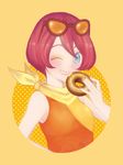  blue_eyes blush doughnut eyewear_on_head face food grin jojon looking_at_viewer mister_donut old-fashioned_doughnut one_eye_closed personification red_hair short_hair simple_background sleeveless smile solo sunglasses upper_body 