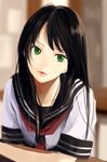  bad_id bad_pixiv_id black_hair blurry depth_of_field green_eyes ichi_1111_wan long_hair original school_uniform serafuku short_sleeves solo upper_body 