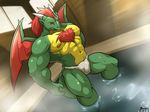  abs anthro areola biceps body_hair chest_hair claws clothed clothing dragon eyes_closed hair half-dressed horn hot_spring maldu male manly muscles navel nipples open_mouth pecs sharp_claws sharp_teeth short_hair solo standing steam sweat teeth thick_thighs underwear water wet wings 