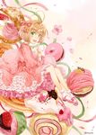  antenna_hair brown_hair cardcaptor_sakura dress food frilled_dress frills green_eyes highres kinomoto_sakura macaron pastry short_hair solo tamaru 