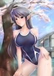  black_hair breasts brown_eyes competition_swimsuit haneori highres katori_(pso2) large_breasts one-piece_swimsuit phantasy_star phantasy_star_online_2 pointy_ears swimsuit 