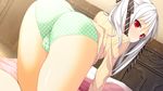  all_fours ass bed blush cameltoe from_behind game_cg hair_ribbon highres kinta legs long_hair looking_back mayachi_(amuriya) panties red_eyes ribbon solo sweater thighs underwear valkyrie_runabout! white_hair 