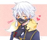  armor black_gloves earrings fox fox_shadow_puppet gloves heart japanese_armor jewelry male_focus md5_mismatch menpoo nakigitsune nakigitsune's_fox nightcat touken_ranbu upper_body white_hair yellow_eyes 