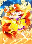  amanogawa_kirara bare_shoulders boots breasts brown_hair choker cleavage cure_twinkle earrings gloves go!_princess_precure highres jewelry large_breasts long_hair magical_girl multicolored_hair orange_hair precure purple_eyes smile solo star star_earrings starry_background thigh_boots thighhighs twintails two-tone_hair very_long_hair white_gloves white_legwear 