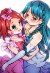  amagumo bare_shoulders blue_dress blue_eyes blue_hair bow braid choker dress earrings elbow_gloves frills gloves go!_princess_precure hair_bow haruno_haruka jewelry kaidou_minami long_hair multiple_girls necklace pink_bow pink_dress precure red_hair short_hair smile strapless strapless_dress white_background 