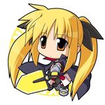  bardiche blonde_hair chibi cloak copyright_name fate_testarossa gauntlets hair_ornament hair_ribbon long_hair lowres lyrical_nanoha mahou_shoujo_lyrical_nanoha mahou_shoujo_lyrical_nanoha_a's ribbon solo twintails 