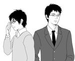  adjusting_eyewear blazer glasses greyscale jacket looking_away male_focus monochrome multiple_boys necktie original re:i side-by-side simple_background teacher_and_student white_background 