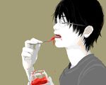  black_hair bruise closed_eyes dripping eating from_side glasses grey-framed_eyewear injury jar male_focus oekaki original re:i simple_background solo spoon spot_color tan_background tongue tongue_out upper_body 