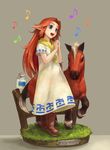  :d blue_eyes boots bottle dress eighth_note epona faux_figurine figure grass grey_background hands_together highres horse long_hair malon milk_bottle mizore_akihiro music musical_note open_mouth pointy_ears red_hair signature simple_background singing smile the_legend_of_zelda the_legend_of_zelda:_ocarina_of_time 