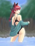  animal_ears ass back bare_shoulders blurry bow braid cat_ears competition_swimsuit depth_of_field extra_ears forest from_behind hair_bow hood hoodie isaki_(gomi) kaenbyou_rin long_hair looking_at_viewer looking_back nature no_tail off_shoulder one-piece_swimsuit open_mouth pointy_ears red_eyes red_hair solo standing swimsuit swimsuit_under_clothes touhou twin_braids water 