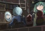  1girl book glasses grey_eyes hat ichiba_youichi komeiji_koishi ladder long_sleeves matryoshka_doll mirror morichika_rinnosuke shelf shirt silver_hair table touhou wide_sleeves 