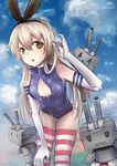  baifeng blonde_hair elbow_gloves front_zipper_swimsuit gloves kantai_collection leaning long_hair meme_attire one-piece_swimsuit rensouhou-chan shimakaze_(kantai_collection) striped striped_legwear swimsuit thighhighs 