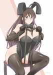  2015 aa_megami-sama animal_ears artist_name between_breasts black_gloves black_legwear blush breasts brown_eyes bunny_ears bunnysuit chair dated elbow_gloves facial_mark feet_out_of_frame gigantic_breasts gloves highres long_hair looking_at_viewer older sitting sitting_backwards skuld solo stormcow thighhighs 