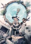  blonde_hair broom brown_eyes computer cuffs curiosities_of_lotus_asia eho_(icbm) hat hat_ribbon highres kirisame_marisa leaf long_hair monitor portal_(object) ribbon roots ruins shoes sitting socks solo toolbox touhou white_legwear window witch witch_hat wrist_cuffs 