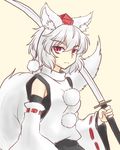  animal_ears detached_sleeves hat hat_ribbon inubashiri_momiji isaki_(gomi) long_sleeves looking_at_viewer over_shoulder pink_eyes pom_pom_(clothes) ribbon ribbon-trimmed_sleeves ribbon_trim shirt silver_hair solo sword sword_over_shoulder tail tokin_hat touhou weapon weapon_over_shoulder wide_sleeves wolf_ears wolf_tail 