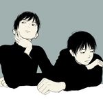  black_hair black_shirt chin_rest head_on_arm leaning looking_away male_focus monochrome multiple_boys muted_color original re:i shirt side-by-side 