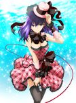  april_fools bow breasts cleavage dress fate/stay_night fate_(series) frilled_dress frills garter_straps hat large_bow large_breasts matou_sakura microphone official_art purple_eyes purple_hair ribbon solo thighhighs top_hat 