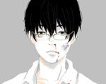  black_hair blood blood_from_mouth bloody_nose blue_eyes brown-framed_eyewear bruise collarbone glasses grey_background injury looking_at_viewer male_focus original re:i simple_background solo upper_body 