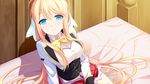  bed blonde_hair blue_eyes blush bow bowtie breasts female furoura_aruse_noriumu_neon game_cg hair_ribbon highres kinta large_breasts legs long_hair looking_at_viewer mayachi_(amuriya) ribbon school_uniform shadow sitting skirt smile solo thighs valkyrie_runabout! 