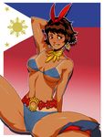  arm_up belt bikini black_eyes blue_bikini blush brown_hair choker daga earrings flag flag_background hair_ribbon jewelry josie_rizal philippine_flag ribbon scratching_head sitting skirt skirt_around_one_leg solo source_request spread_legs swimsuit tan tanline tekken tekken_7 