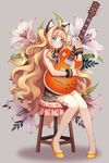  :&lt; ahoge animal_ears bare_shoulders blonde_hair blue_eyes bracelet cat_ears electric_guitar flower guitar instrument jewelry knees_together_feet_apart les_paul lily_(flower) long_hair seeu sitting skirt solo tears thighhighs very_long_hair vocaloid white_legwear windy4th 