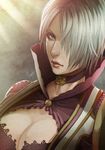  artist_name bangs black_choker blue_eyes breasts choker cleavage cleavage_cutout grey_hair hair_over_one_eye high_collar isabella_valentine lace large_breasts light_rays lips lipstick magion02 makeup nose parted_bangs short_hair signature solo soulcalibur sunlight upper_body 